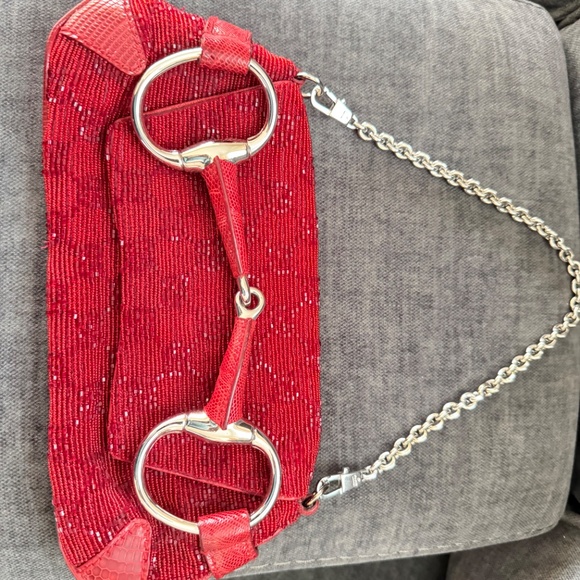 Gucci red Crystal GG beaded handbag with lizard skin and silver horsebit - Picture 4 of 11